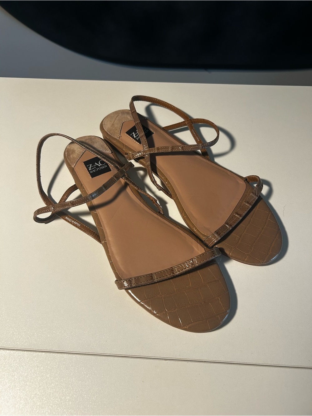 Zara Posen Croc-Embossed Neutral Strappy Flat Sandals
